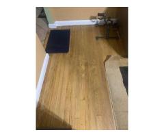 remove carpet, fix some, sand, stain, poly